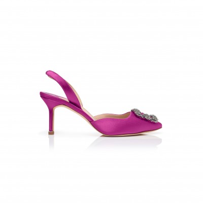 MANOLO BLAHNIK HANGISLI PINK SATIN JEWEL BUCKLE SLINGBACK PUMPS 419-0473-0001